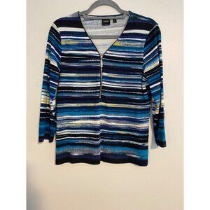 Rafaella Womens Large Striped 3/4 Sleeve Top With Zipper V-Neck Multicolor